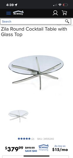 Rc Willy Zila glass top round cocktail coffee table silver chrome legs