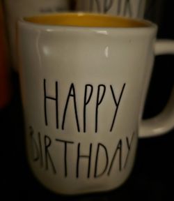 Rae Dunn "HAPPY BIRTHDAY" Ceramic Mug With A Yellow Interior