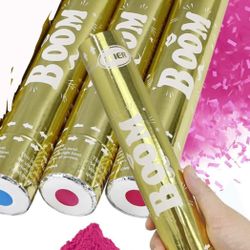 Gender Reveal Confetti Powder Cannon - 1 Blue & 2 Pink Baby Shower Poppers - Gender Reveal Party Supplies - Smoke Powder & Confetti Cannons with 4 Sti