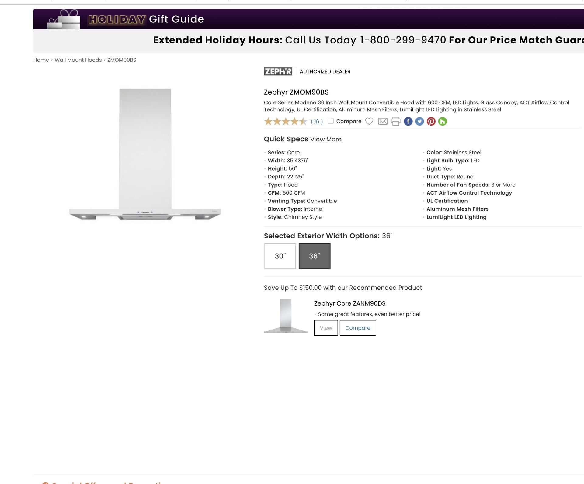 Zephyr Range Hood 36” (White) Brand New