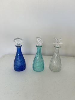 Set Of Three Beach Decorative Glass Bottles 