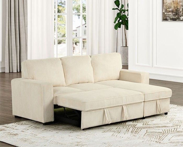 Corduroy sectional sofa with storage chaise and pull out sofa bed
