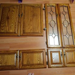 Oak/Leaded Glass Cabinet Doors Including Knobs & Hinges
