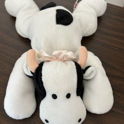 Vtg 1994Ty Beanie Pillow, Pals, Moo The White And Black Cow, Plush Pink Bow 13“