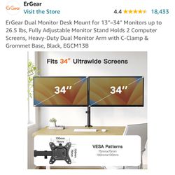 ErGear Dual Monitor Desk Mount for 13″–34″ Monitors up to 26.5 lbs, Fully Adjustable Monitor Stand Holds 2 Computer Screens, Heavy-Duty Dual Monitor A