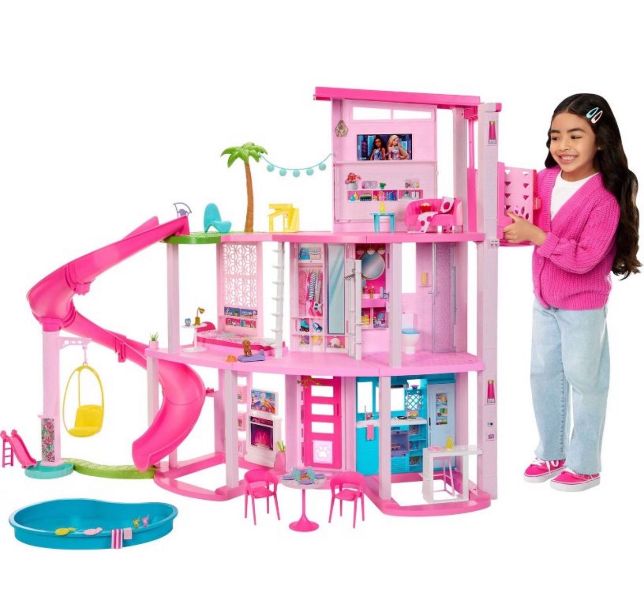 New Barbie Dreamhouse Pool Party Doll House with 75+ pc, 3 Story Slide: Adult Assembly, Fits 12 Inch Dolls