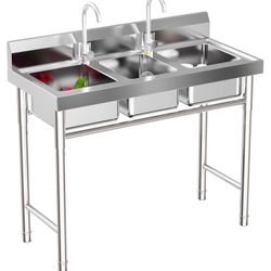 Compartment Sink 304 Stainless Steel Kitchen Sinks Freestanding Utility sink with 2 Faucet Commercial Triple Bowl Sink for Bar, Restaurant/Each Bay 11