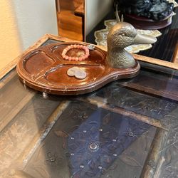 Vintage Brass And Wood Duck Money Holder 5” X 10”