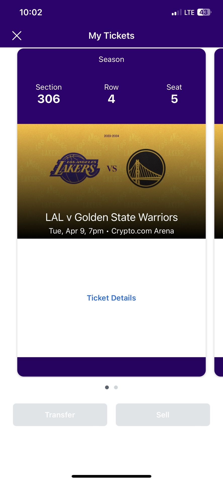 (2) WARRIORS @ LAKERS TICKETS CRYPTO ARENA ROW 4 04/09