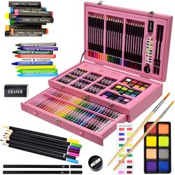 Bibana 145 Piece Deluxe Art Set, Wooden Art Box & Drawing Kit with Crayons, Oil Pastels, Colored Pencils, Watercolor Cakes, Sketch Pencils, Do Oil Pas