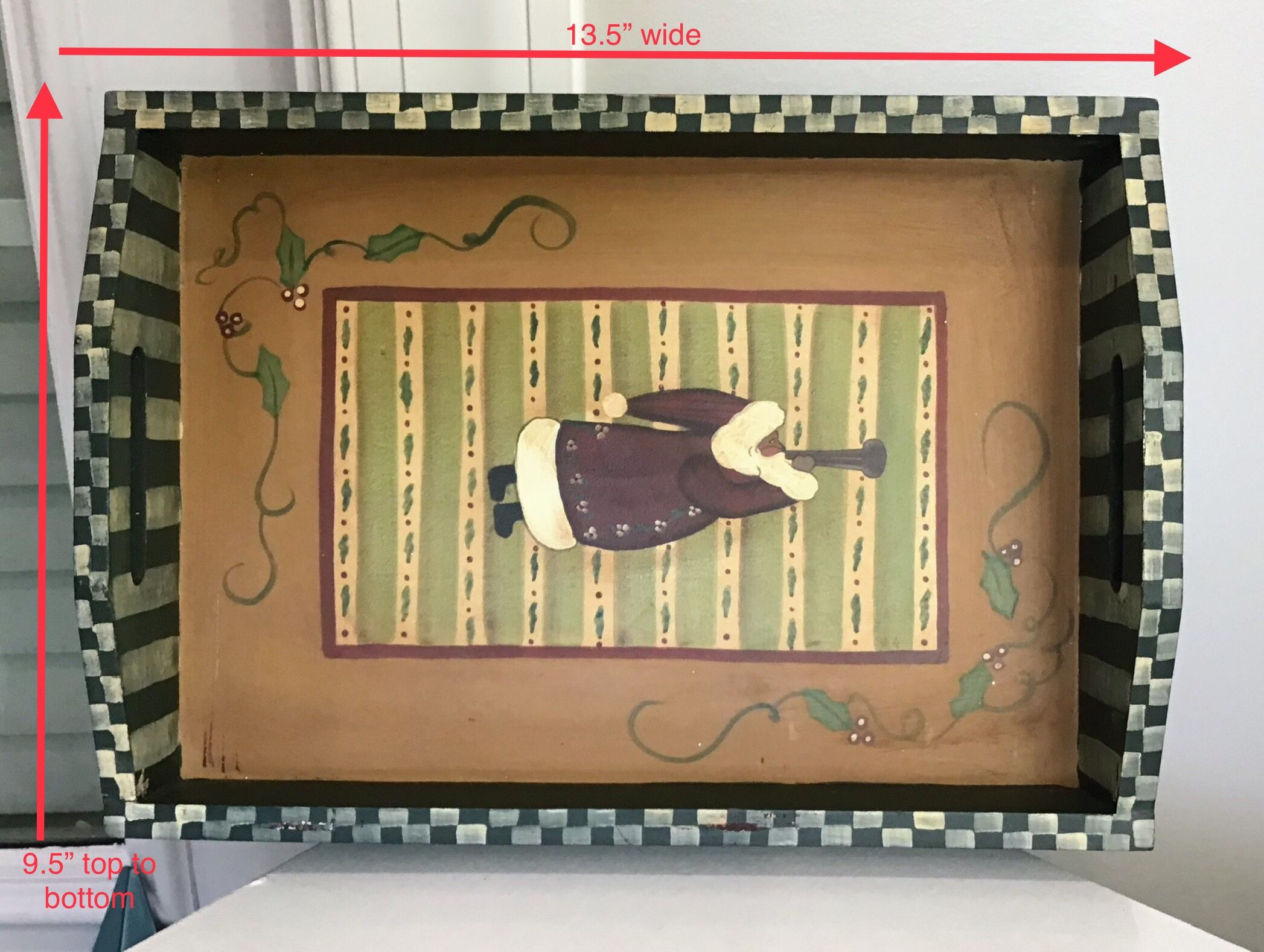 Wooden Holiday Tray with Mrs. Claus’ Dress on Display & Handles