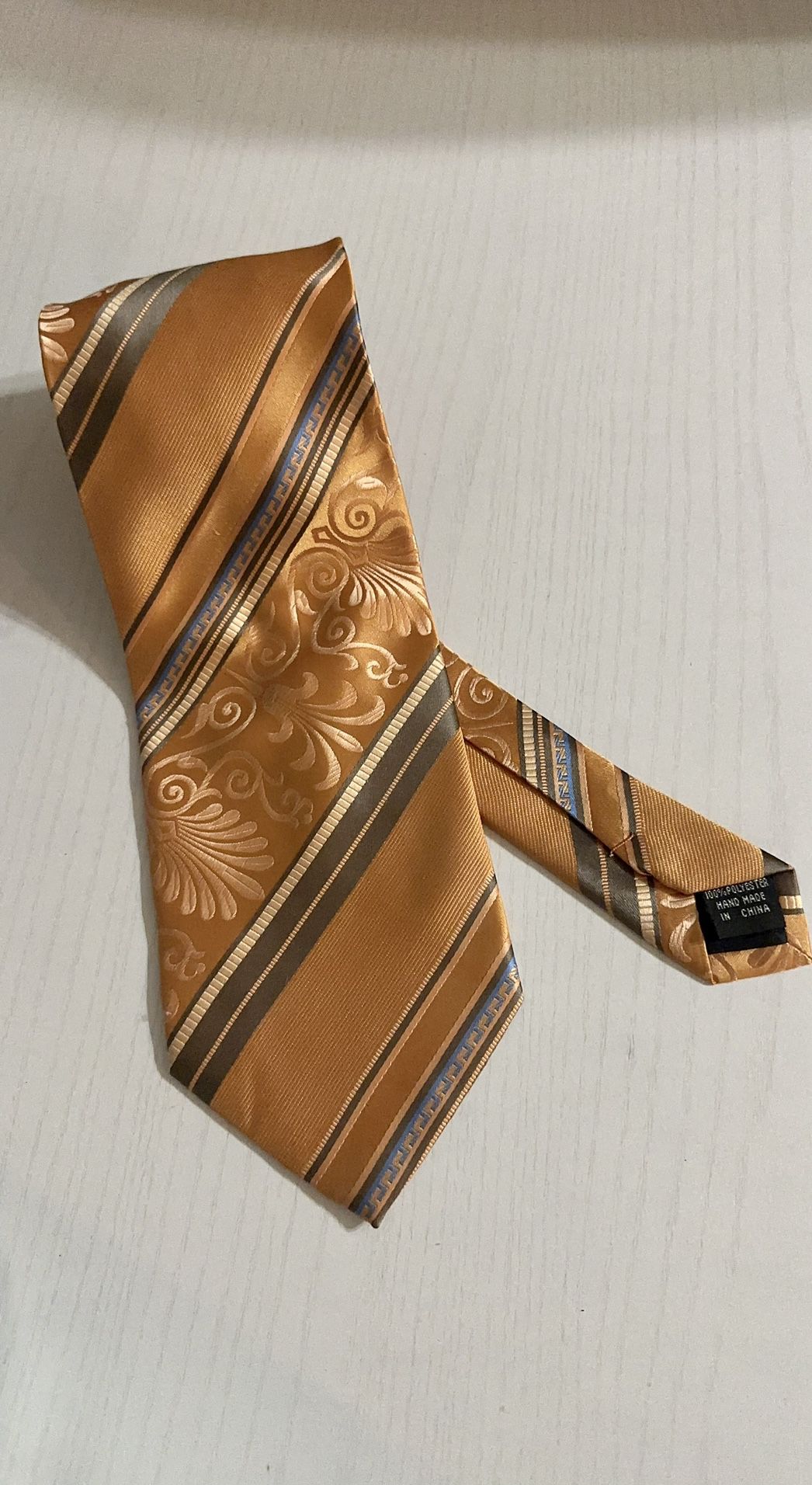 Bruno Conte Tie Men’s Neck Tie Orange Scroll & Stripes Gold Accent