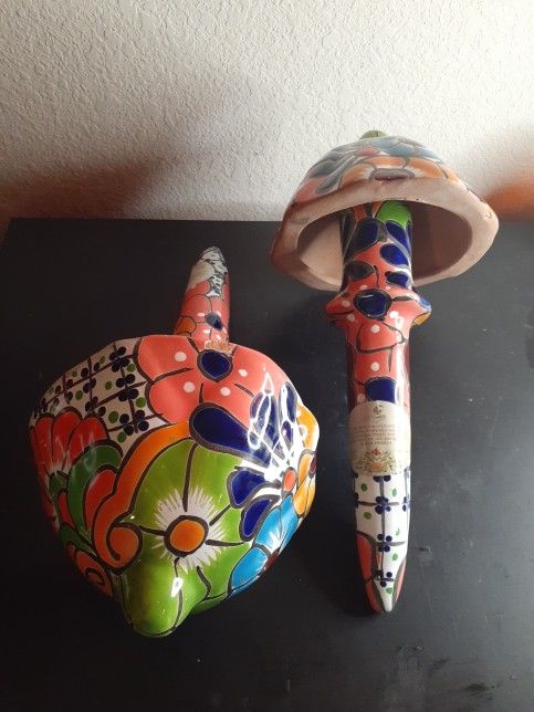GORGEOUS NEW Pair of Mexican Talavera Folk Art 14" Mushroom Figurines.