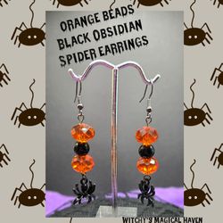 Halloween Orange Glass Beads and Black Obsidian Beads with Spider Charm Earrings
