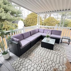 Modern Outdoor Wicker Sectional Patio Set – Modular – Glass Tables Rug 