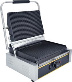 TAIMIKO Commercial Sandwich Press Grill, 2200W 122°F-482°F Temp Control Non-stick Electric Panini maker with Full Grooved Plates
