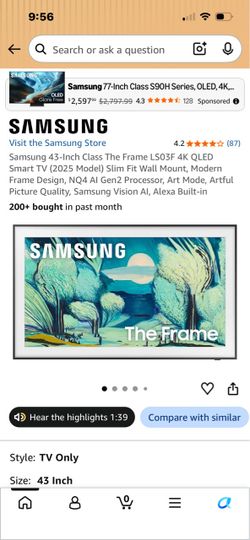 Samsung 43-Inch The Frame 4K QLED Smart TV