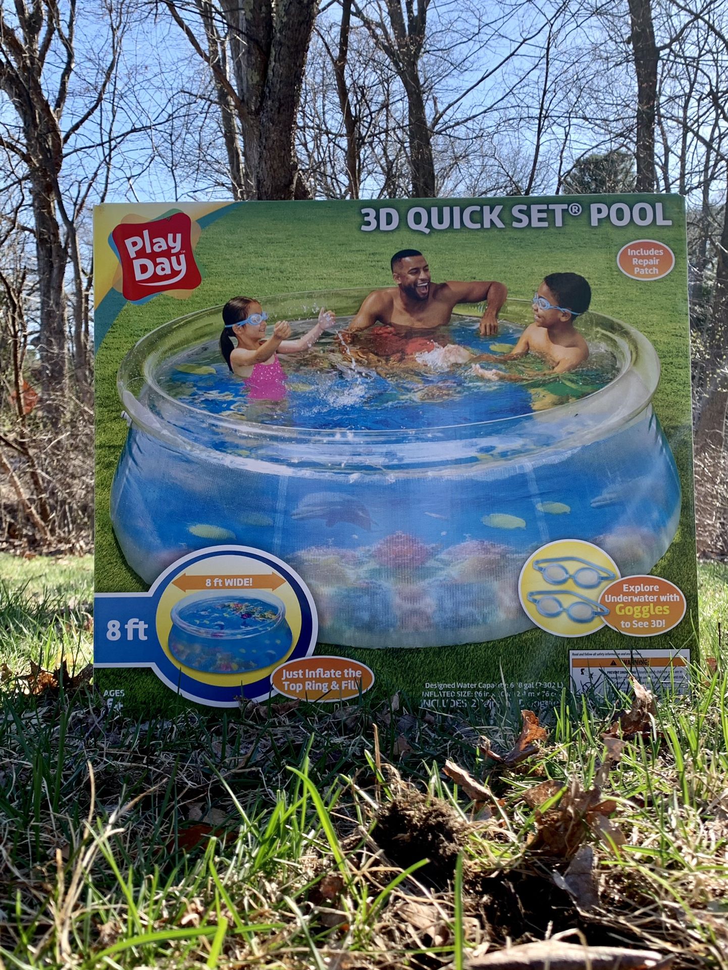 Play Day 8ft x 30” Inflatable Ring Swimming Pool (Transparent) (Includes 2 Pairs of Goggles) NEW