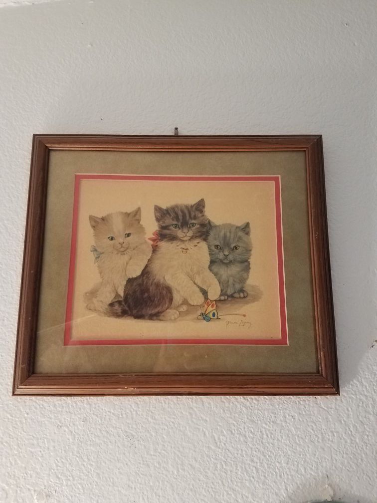 Vintage German cat pencil sketch painting picture, framed, signed