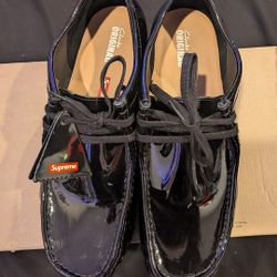 Supreme X Clarks Wallabees Patent Black Leather 