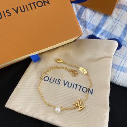 Womens Gold LV Lettering with Pearls Bracelet 