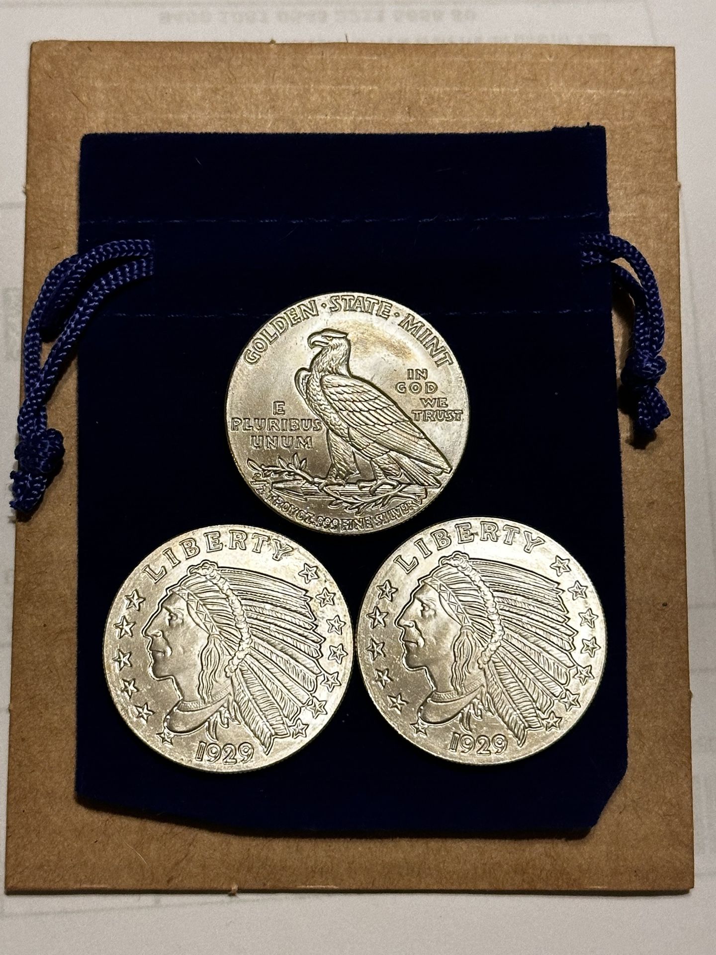 3 Piece Lot of 1/10 Troy Ounce .999 Silver Incuse Indian Head Rounds In A Velvet Pouch