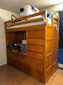 Solid Wood Twin Loft Bed w/ Built-In Dressers & Storage