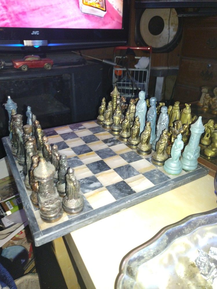 Unique Chess Set Metal And Ceramic.. Mostly Metal 32 Chessmen