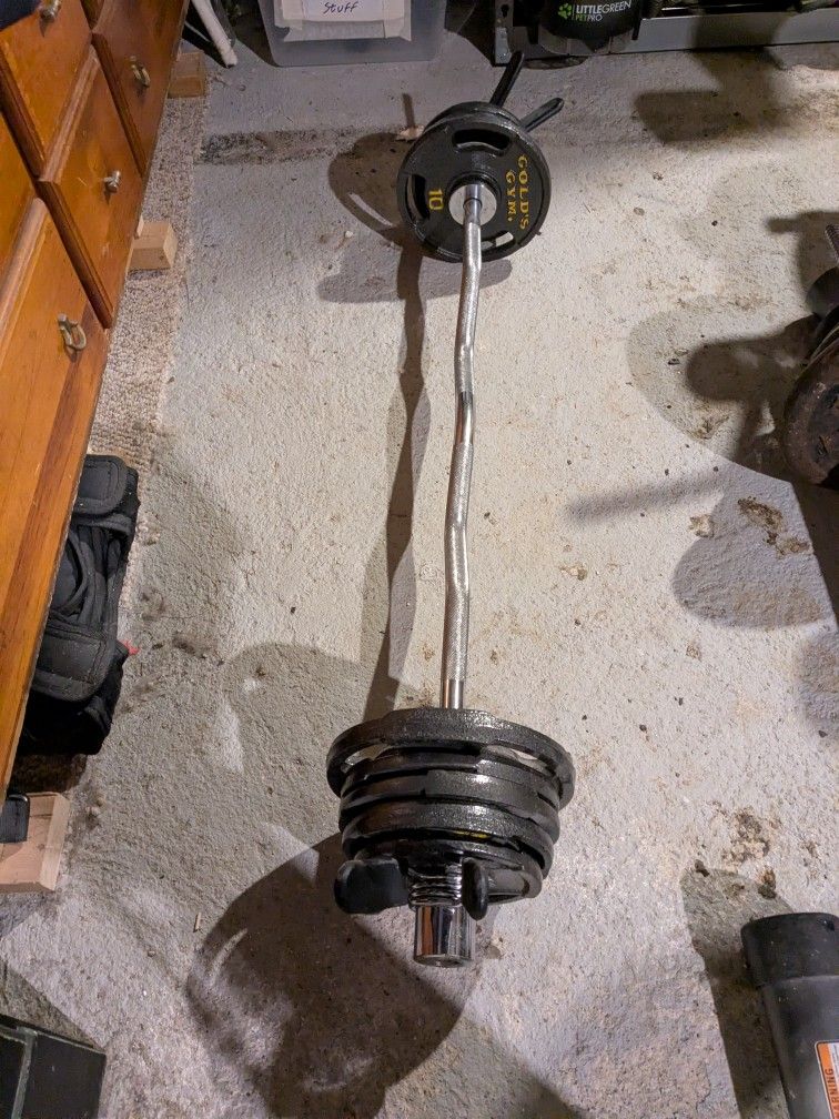 Olympic Weights (55 Pounds) on a Perfect Condition Olympic Curl Bar. Includes Spring Collars 