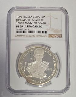 1995  10 Pesos Jose Marti Silver Coin PF69 Ultra Cameo