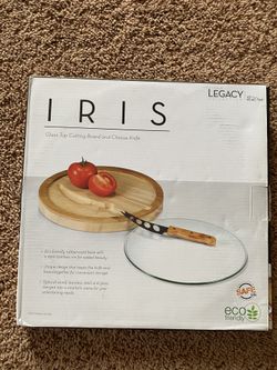 Iris glass top cutting board and cheese knife