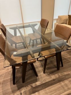 Brown Leather Dining Table + Chairs with Wood Legs