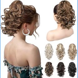 REECHO 12" Ponytail Extension, Classic Loose Curly Wavy Claw Clip Pony tails Hair Extensions Hairpieces for Women (Light Brown with Blonde Highlights)