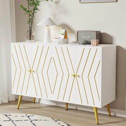 Modern White & Gold 48” Sideboard Buffet Cabinet – 4 Doors