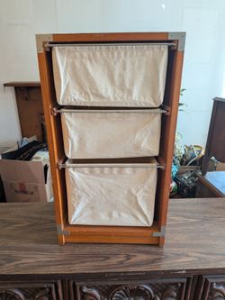 Multi-tier wooden frame storage organizer with canvas drawers