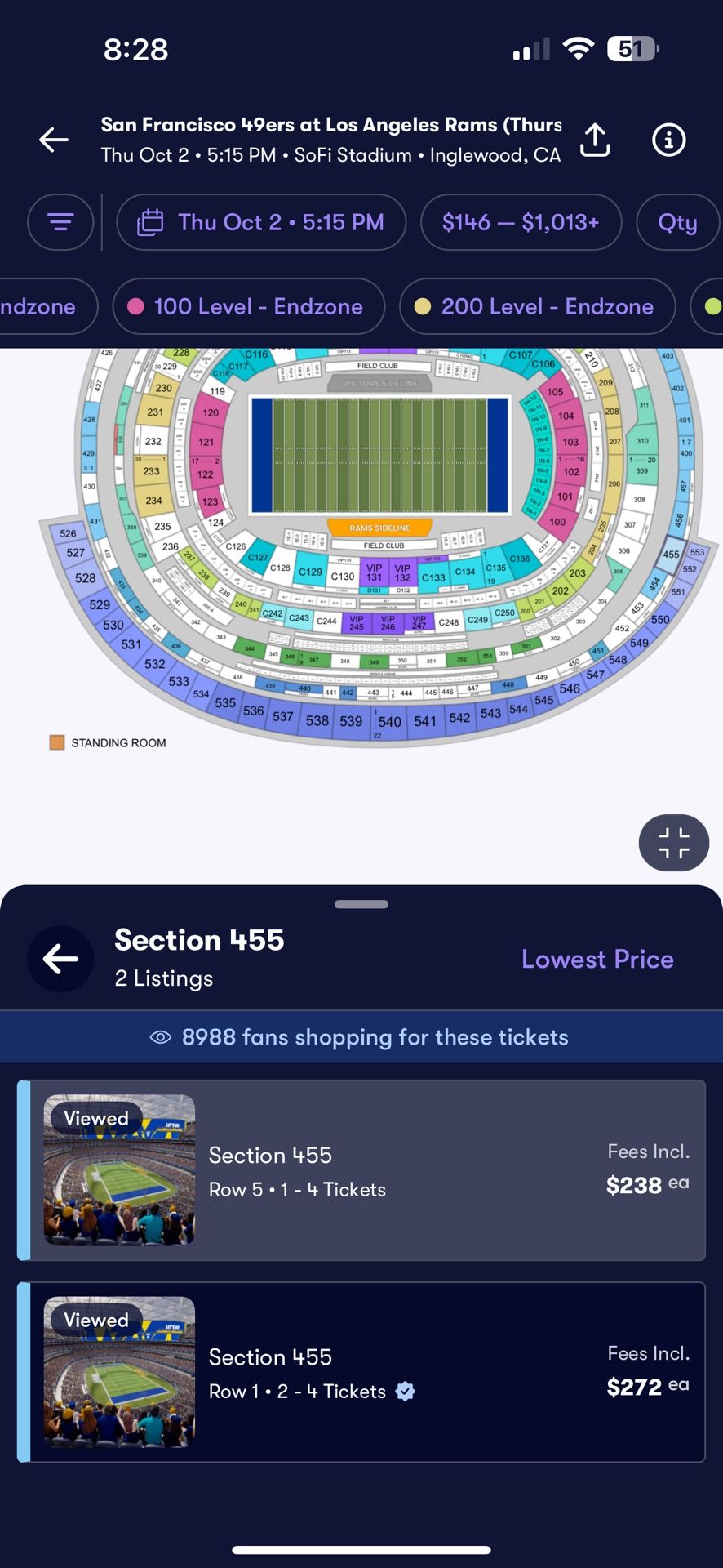 2 Tickets To Rams Vs 49ers Sofi Section 455