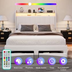 Queen Size Platform Bed Frame with 2-Tier LED Storage Velvet Wingback Headboard & 2 Storage