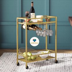[SALE] 🍸 Luxe Gold Bar Cart – Elegant 2-Tier Drink Station with Glass Shelves