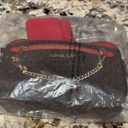 Michael Kors Red/ Brown Jet Set Large Logo Crossbody Bag With Wallet