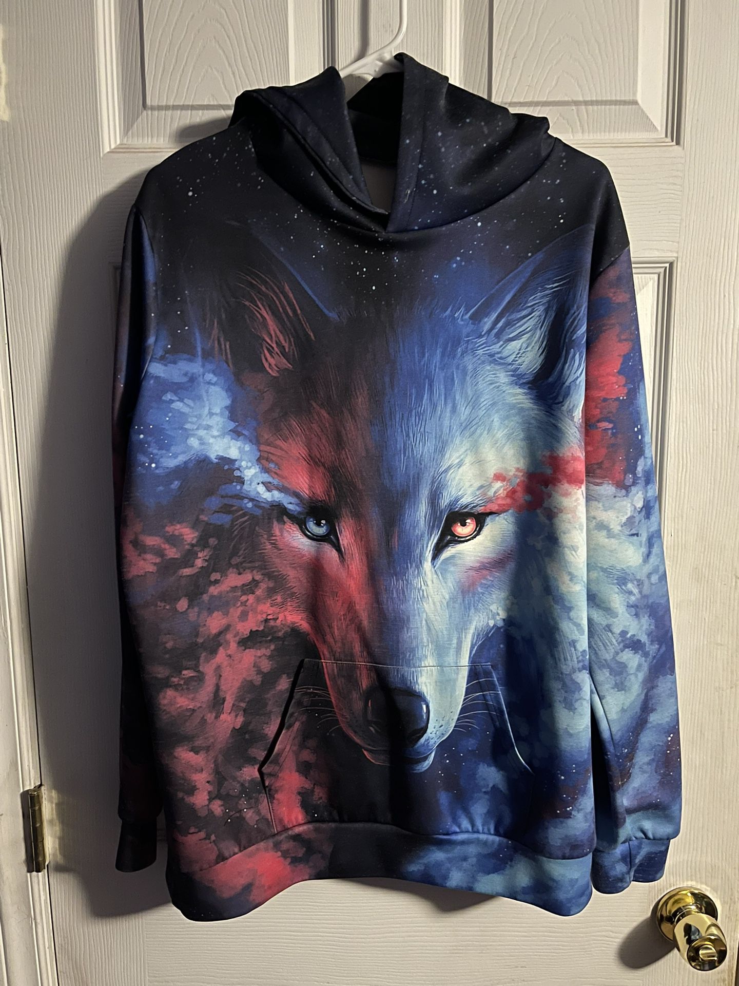 Wolf All Over Print Hoodie Mens L/XL NAIN Red & Blue Sweatshirt Double Pullover