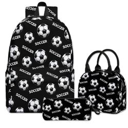 Okentiso Soccer Printed Backpack Set for Boys Kids, 3Pcs Bookbag with Pencil Case for school, 17 Inch Lightweight Laptop Backpack with Lunch Bag for M