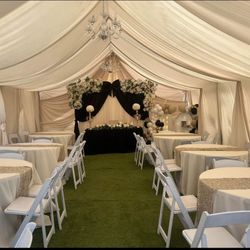 Tent drapping 
 chairs 
tables tablecloth 
Chandeliers 
Carpa
Sillas 
Mesas
Manteles 