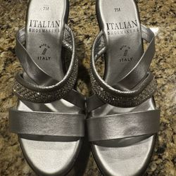 Italian Shoemakers Silver Leather Wedge Sandal