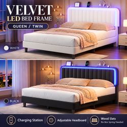 Velvet Upholstered Platform Twin Queen Size Bed Frame  with Adjustable Headboard, Solid Wood Slats Support