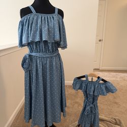 Mom & Me Blue Polka Dot Dresses – Women’s Large + Toddler 4T – Off Shoulder Ruffle Style. Great for Easter or Spring photos