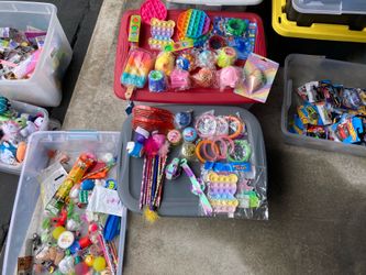 Big lot of swishy toys, bracelets, balls, pencils,