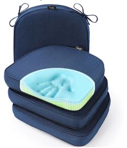 4 Gel Memory Foam Chair Cushion with Ties, Ultra Durable Water Resistant FadeShield Outdoor/Indoor Reversible Chair Seat Cushion 17 x 16 inch -Navy