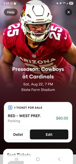 Parking pass. Cowboys vs Cardinals