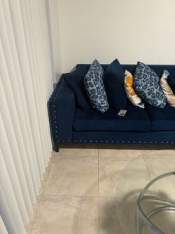 Navy Blue Velvet Sofa with Nailhead Trim