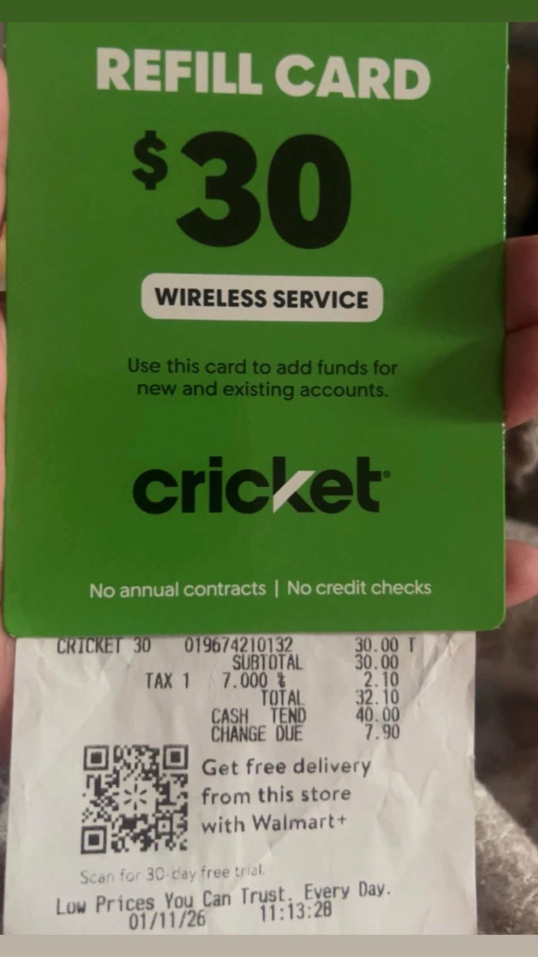 Cricket Wireless Refill Card – New & Active